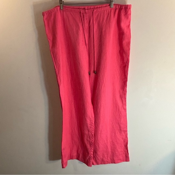 OLSEN SZ 14 100% Linen Vibrant Pink Wide-Leg Pants Drawstring High Rise Unlined - Picture 2 of 9
